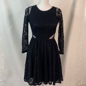 A+F Black Long Sleeved Lace Overlay Dress with Mesh Cut Outs